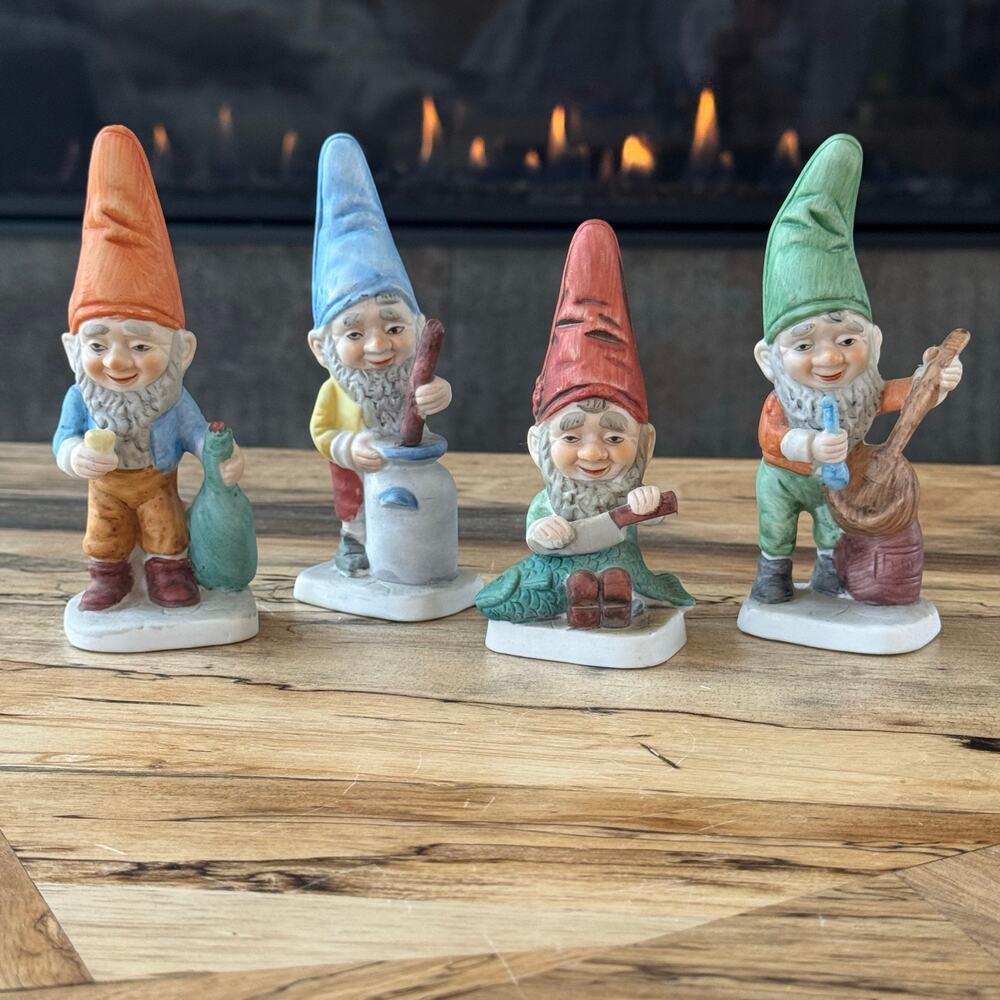 Vintage 1970’s Brinn's Bisque Porcelain Gnome Figurines Set of 4, Made in Taiwan